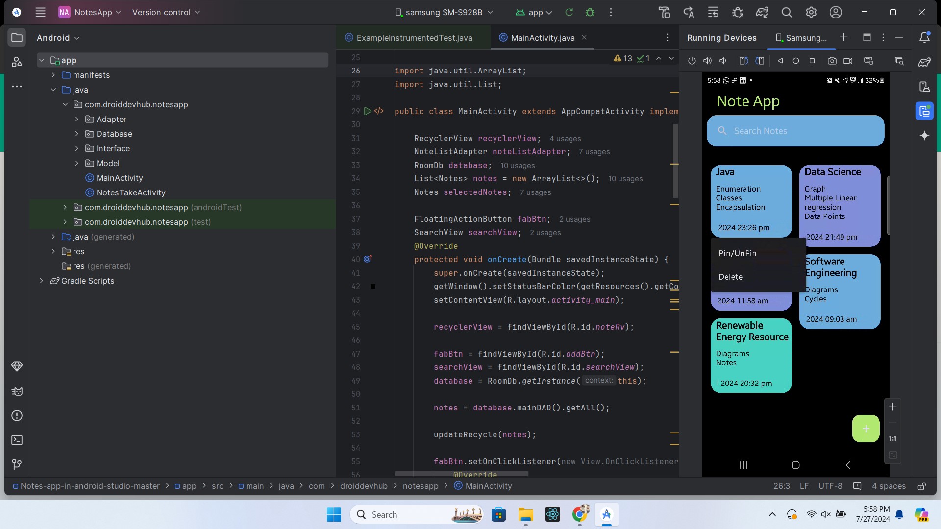Notes App Pin and Unpin Feature Screenshot